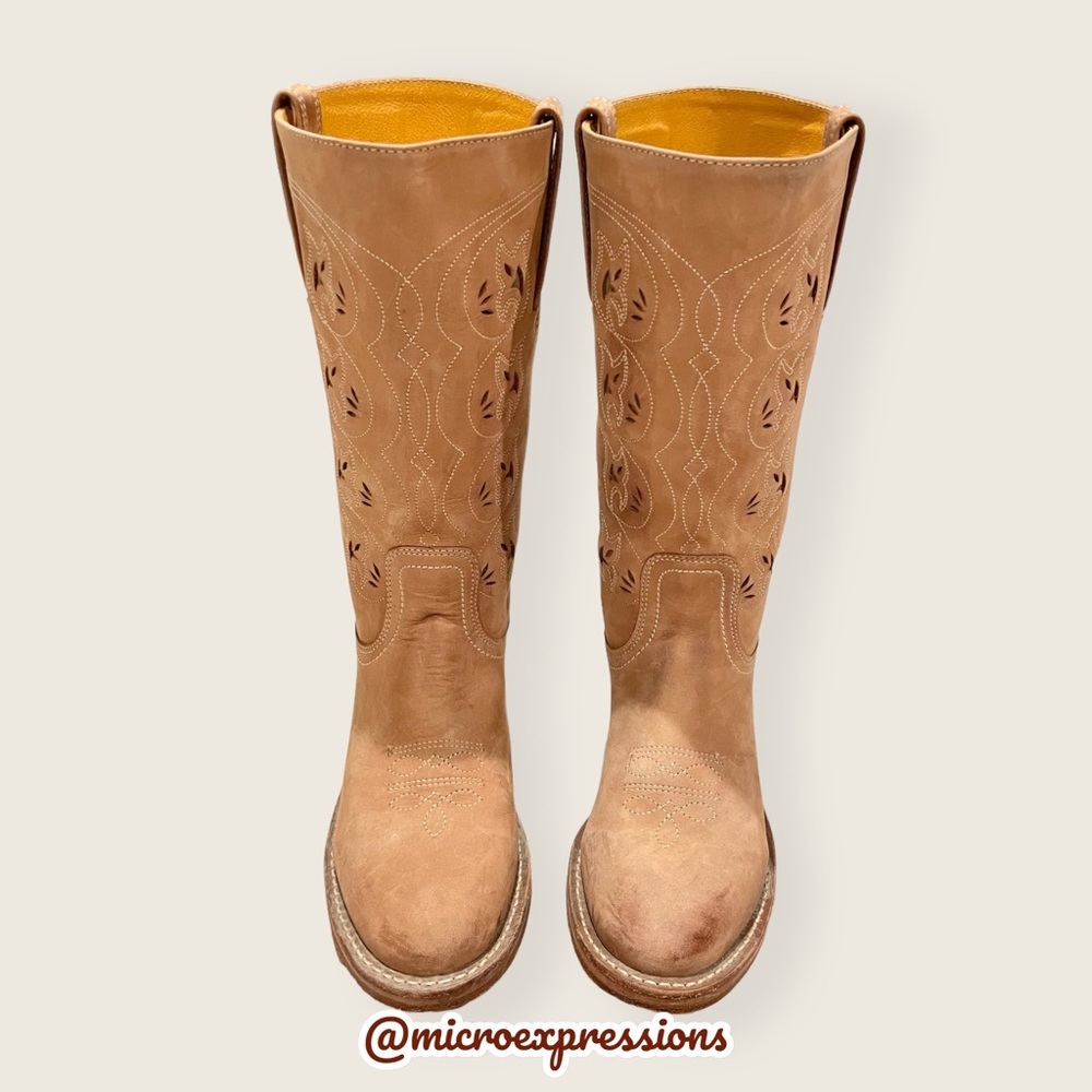 VINTAGE 1980 Frye Austin Tan Cottagecore Leather Floral Embroidered Cowboy Boot - Picture 8 of 13